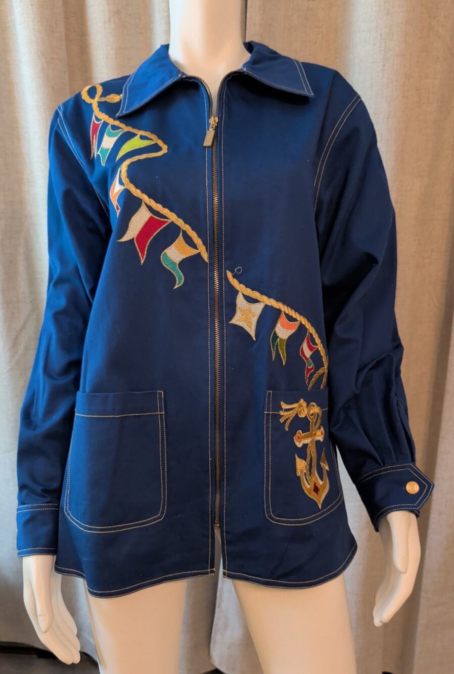 VTG Bob Mackie Blue Nautical Jacket embroidered signal flags gold anchor Size L